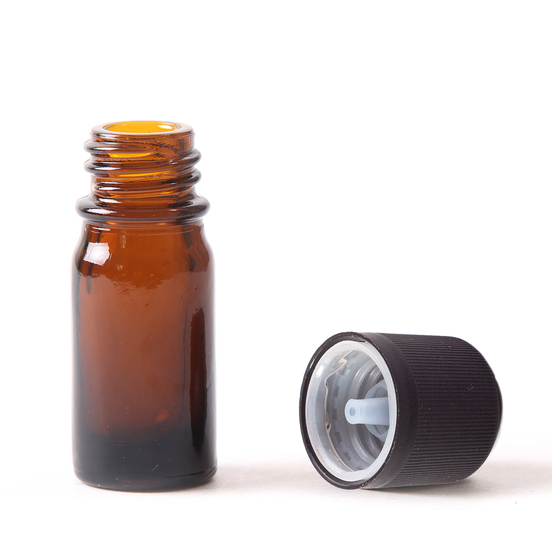 5ml Amber Glass Boston Round Bottle (with Black 18mm Child Resistant Tamper Evident Caps)