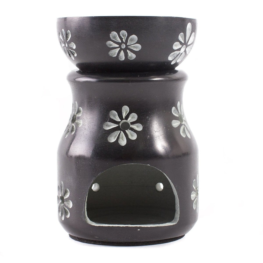 Black with Flowers Soapstone Oil Burner - Mystic Moments UK