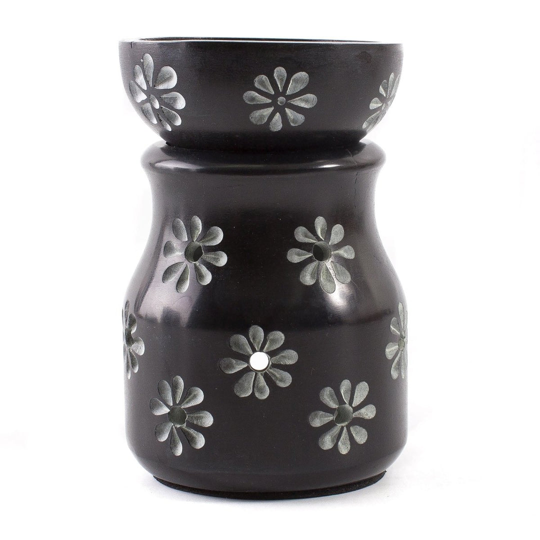 Black with Flowers Soapstone Oil Burner - Mystic Moments UK