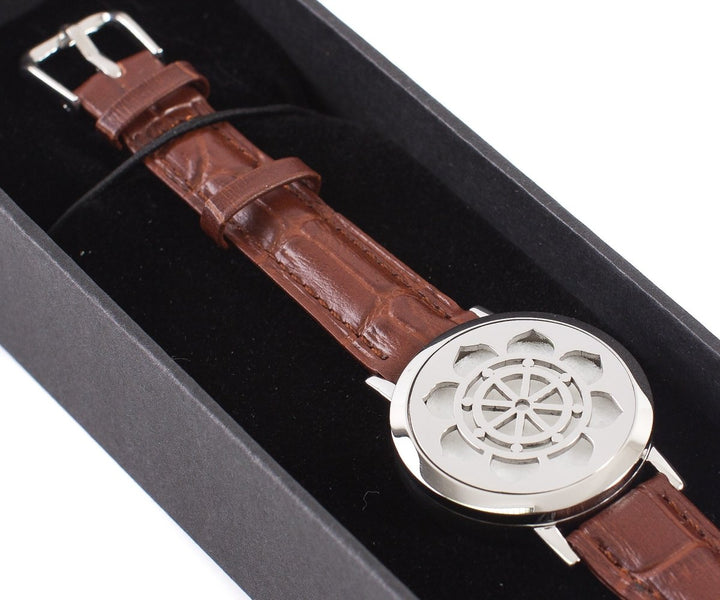 Dharma Wheel | Aromatherapy Oil Diffuser Bracelet with Adjustable Leather Strap - Mystic Moments UK