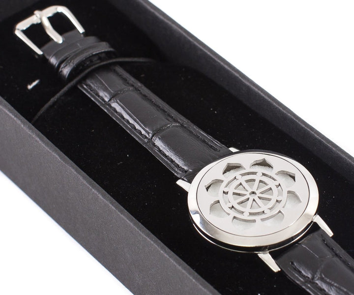 Dharma Wheel | Aromatherapy Oil Diffuser Bracelet with Adjustable Leather Strap - Mystic Moments UK