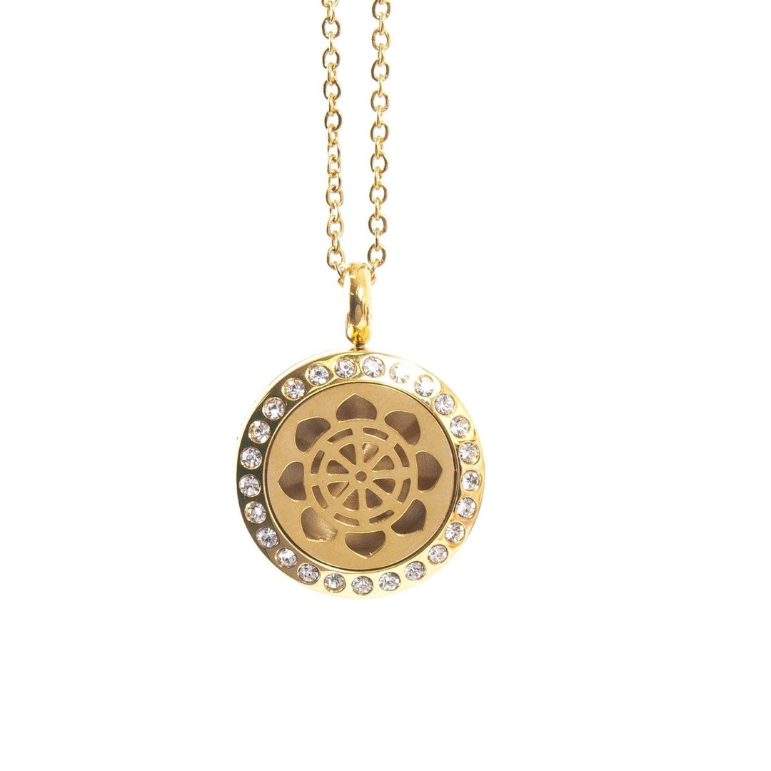 Dharma Wheel | Aromatherapy Oil Diffuser Gold Necklace Locket with Pad - Mystic Moments UK